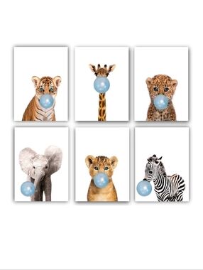 Safari Blue Bubblegum Baby Animals Nursery Art, Set Of 6, Unframed